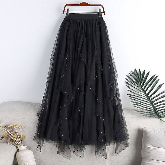 BEADED MESH PLEATED SKIRT A LINE TULLE SKIRT_CWBLS0398