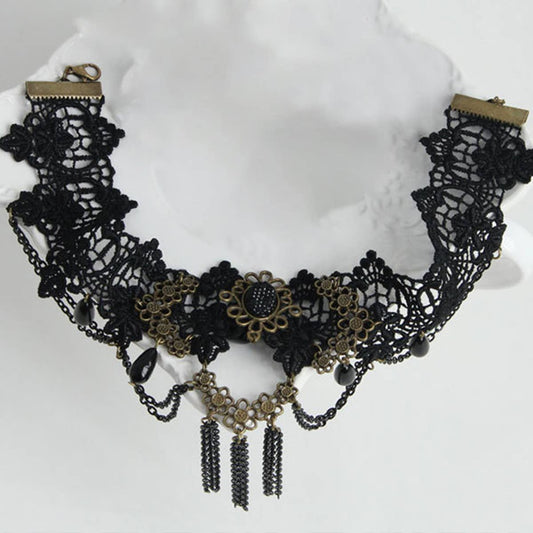 HALLOWEEN RETRO TASSEL CRYSTAL LACE SHORT NECKLACE_CWMM0166