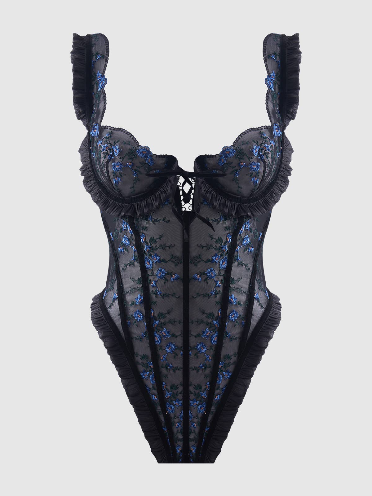 HARPER EMBROIDERED MESH & RUFFLE TEDDY