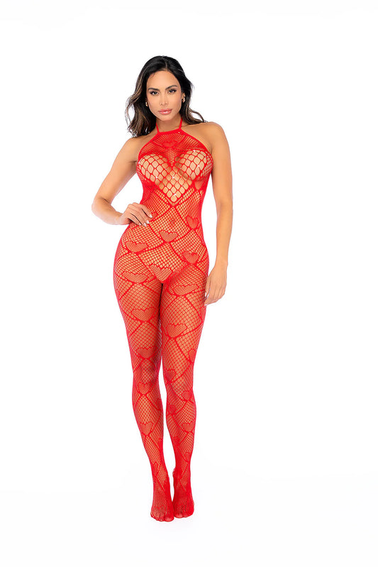 Map Heart Fishnet Bodystocking with Rhinestone - 1164