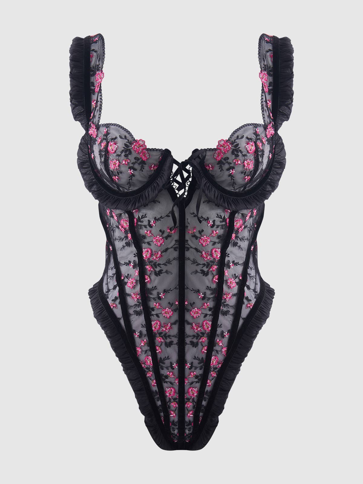 HARPER EMBROIDERED MESH & RUFFLE TEDDY