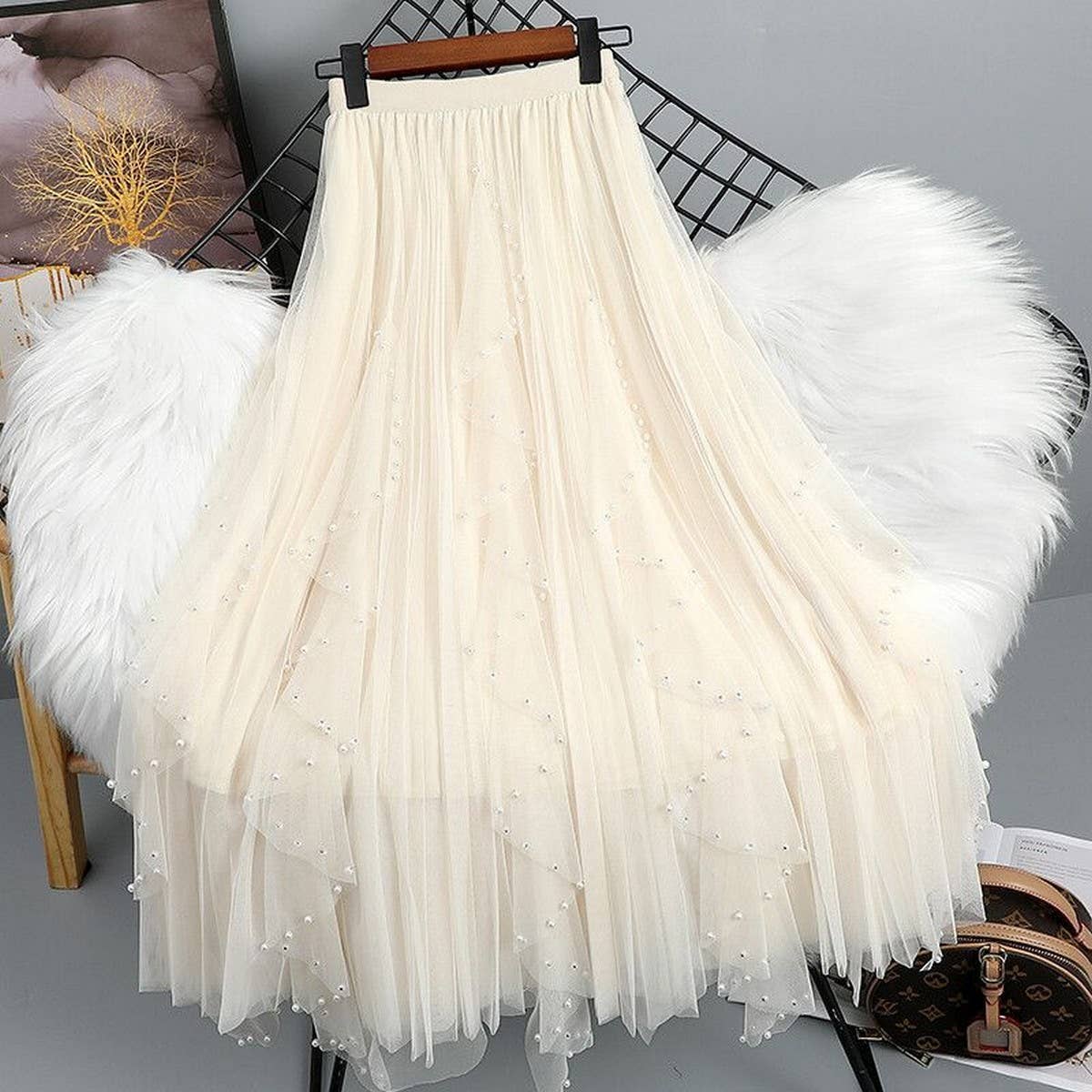 BEADED MESH PLEATED SKIRT A LINE TULLE SKIRT_CWBLS0398