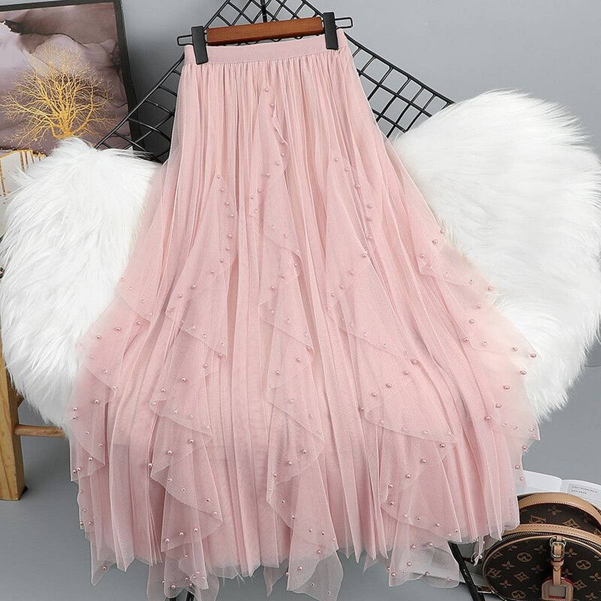 BEADED MESH PLEATED SKIRT A LINE TULLE SKIRT_CWBLS0398
