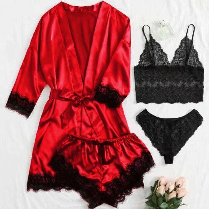 Lace sleepwear erotic lingerie sexy pajamas set 4pcs