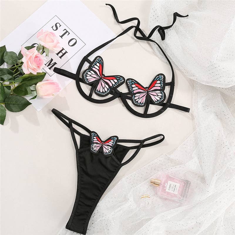 Embossed Bow Tie Neck Lingerie Set