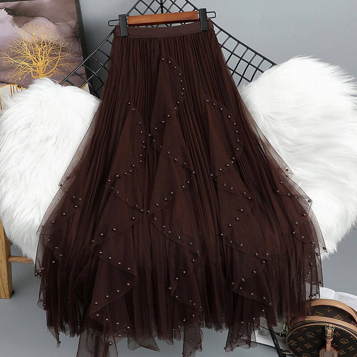 BEADED MESH PLEATED SKIRT A LINE TULLE SKIRT_CWBLS0398