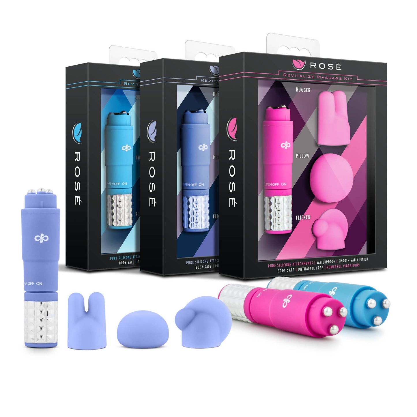 Rose Revitalize - 4" Silicone Mini Vibrator - 3 Attachments