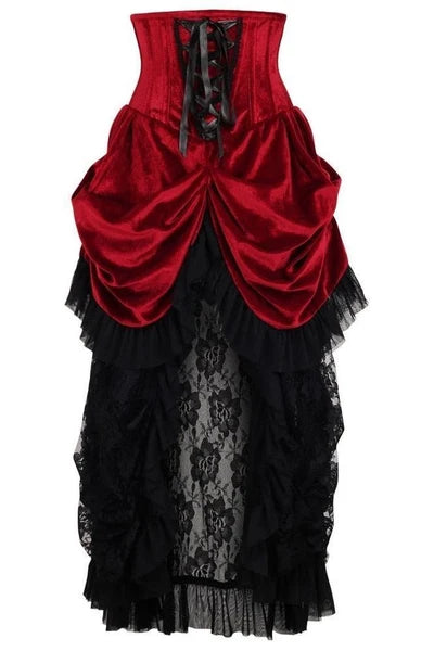 Steel Boned Dark Red Velvet Victorian Bustle Underbust Corset Dress - dc TD-189