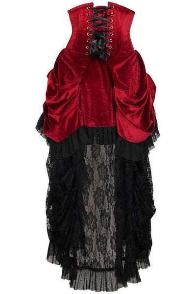 Steel Boned Dark Red Velvet Victorian Bustle Underbust Corset Dress - dc TD-189