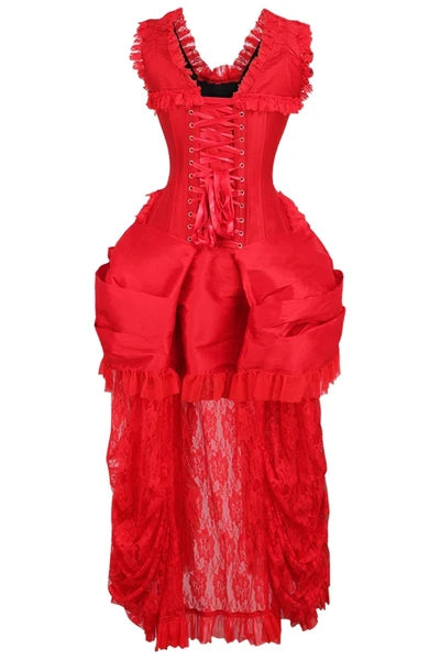 Steel Boned Red Lace Victorian Bustle Corset Dress - dc TD-141